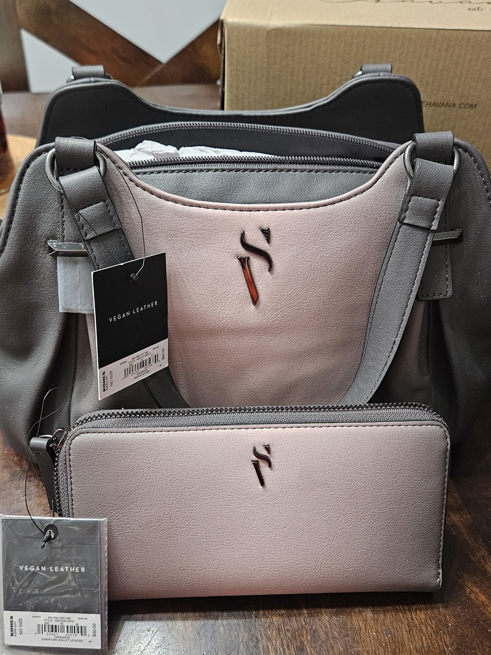 Simply Vera Wang Women's Vegan Leather Tote and Wallet Set - Pink and Gray Ombre